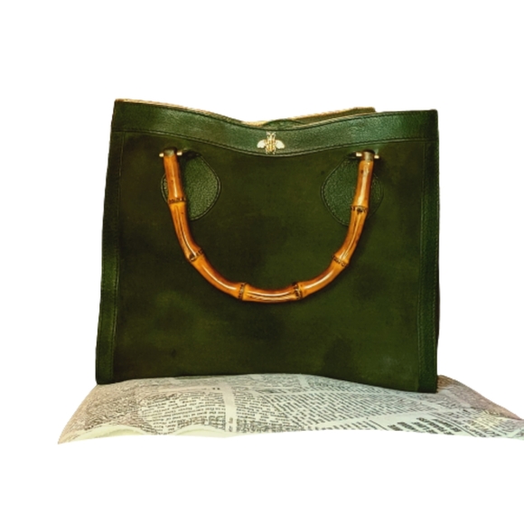 Authentic Gucci Princess Lady Diana Bamboo Original Suede Green Tote Handbag 90s